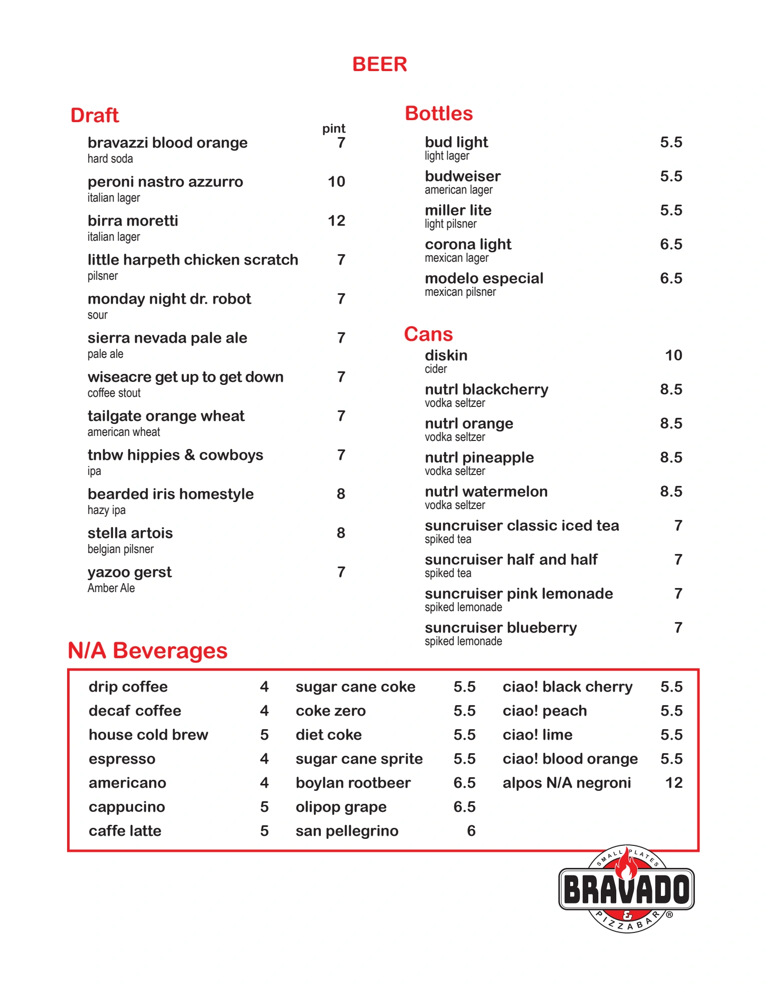 Bravado soft opening beverage menu, page 2. Open the PDF for selectable text and zoom.