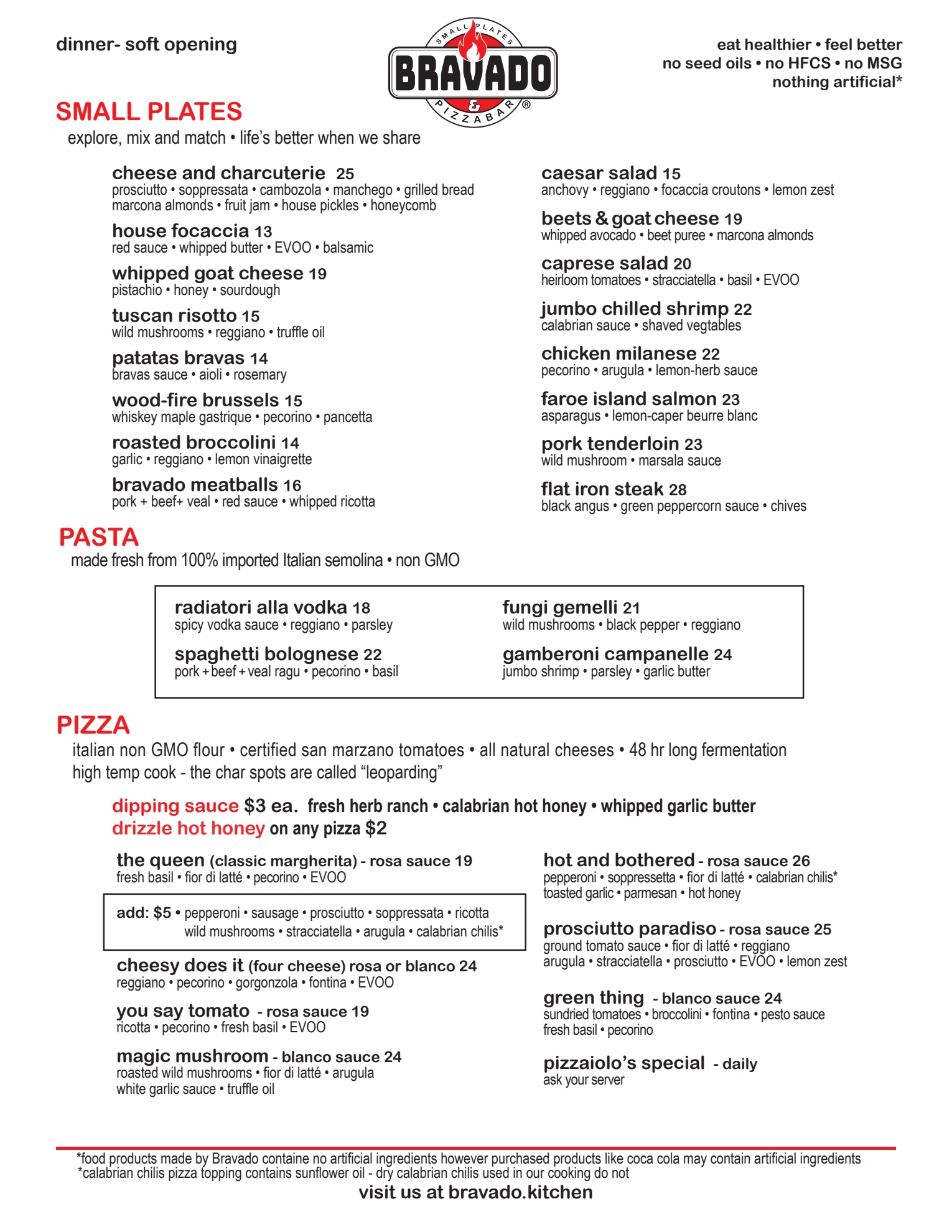 Bravado soft opening food menu, page 1. Open the PDF for selectable text and zoom.
